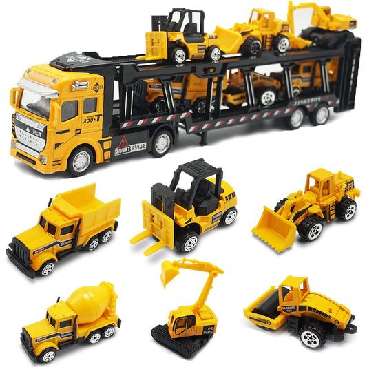 7-in-1 Construction Truck Vehicle Toy Set with Mini Excavator, Digger, Dumper, Tractor, Forklift