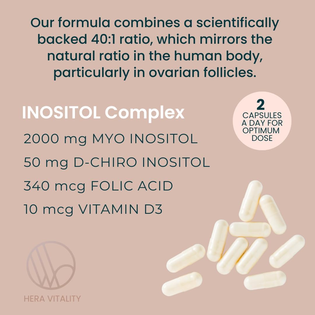 Inositol Complex, Myo Inositol & D Chiro with Vitamin D and Folic Acid. 40:1 Natural Ratio, 60 Capsules