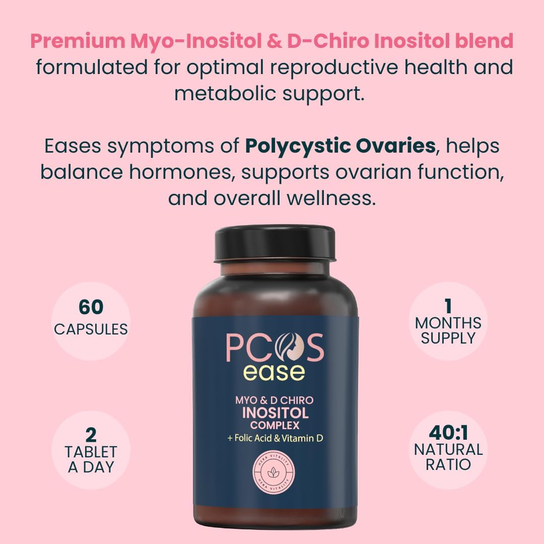 PCOS Ease Inositol Complex, Myo-Inositol, D Chiro Inositol, Folic Acid and Vitamin D3, 60 Capsules