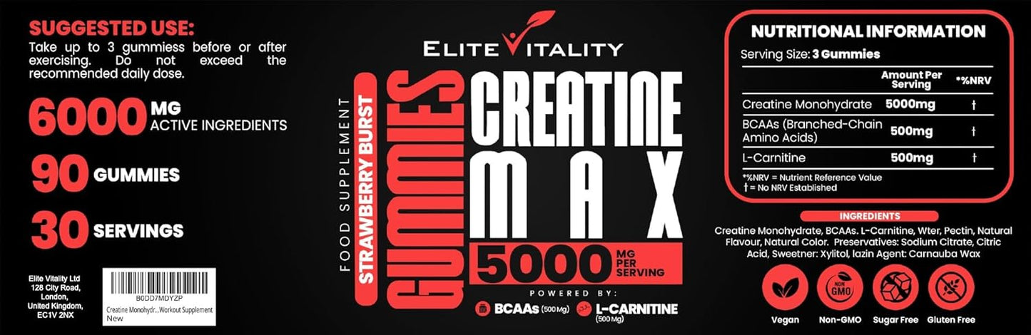 Elite Vitality - 90 Creatine Gummies, 5000mg Creatine Monohydrate + 500mg BCAAs + 500mg L-Carnitine