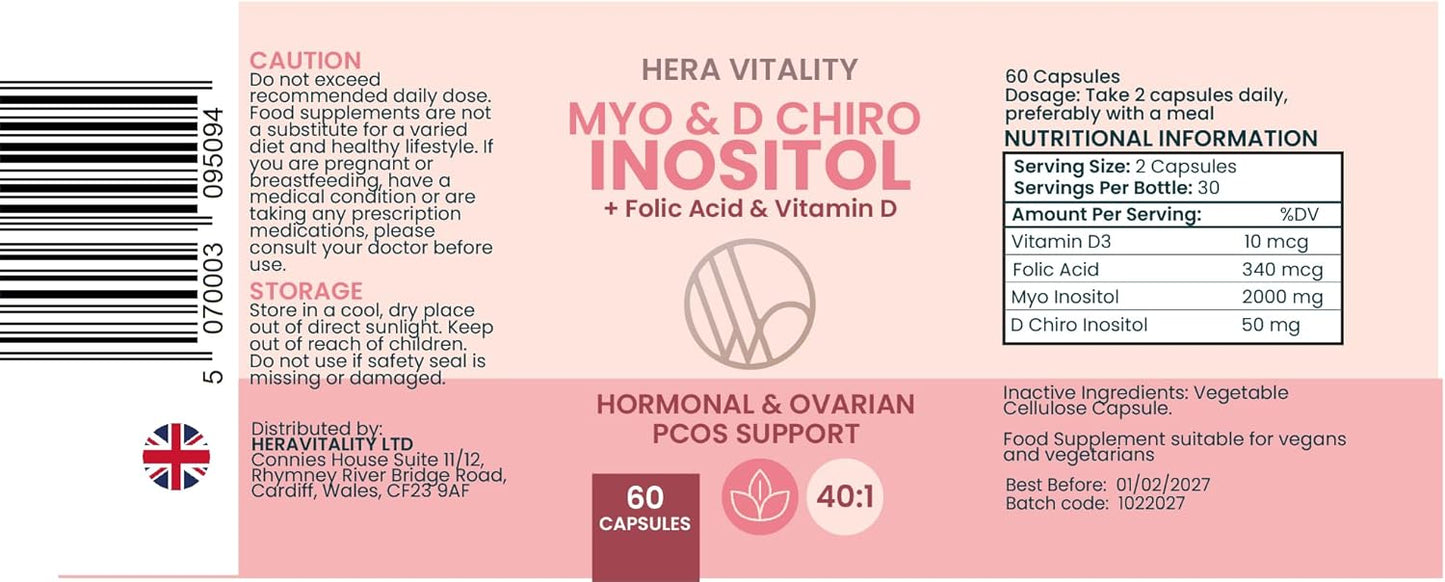 Inositol Complex, Myo Inositol & D Chiro with Vitamin D and Folic Acid. 40:1 Natural Ratio, 60 Capsules