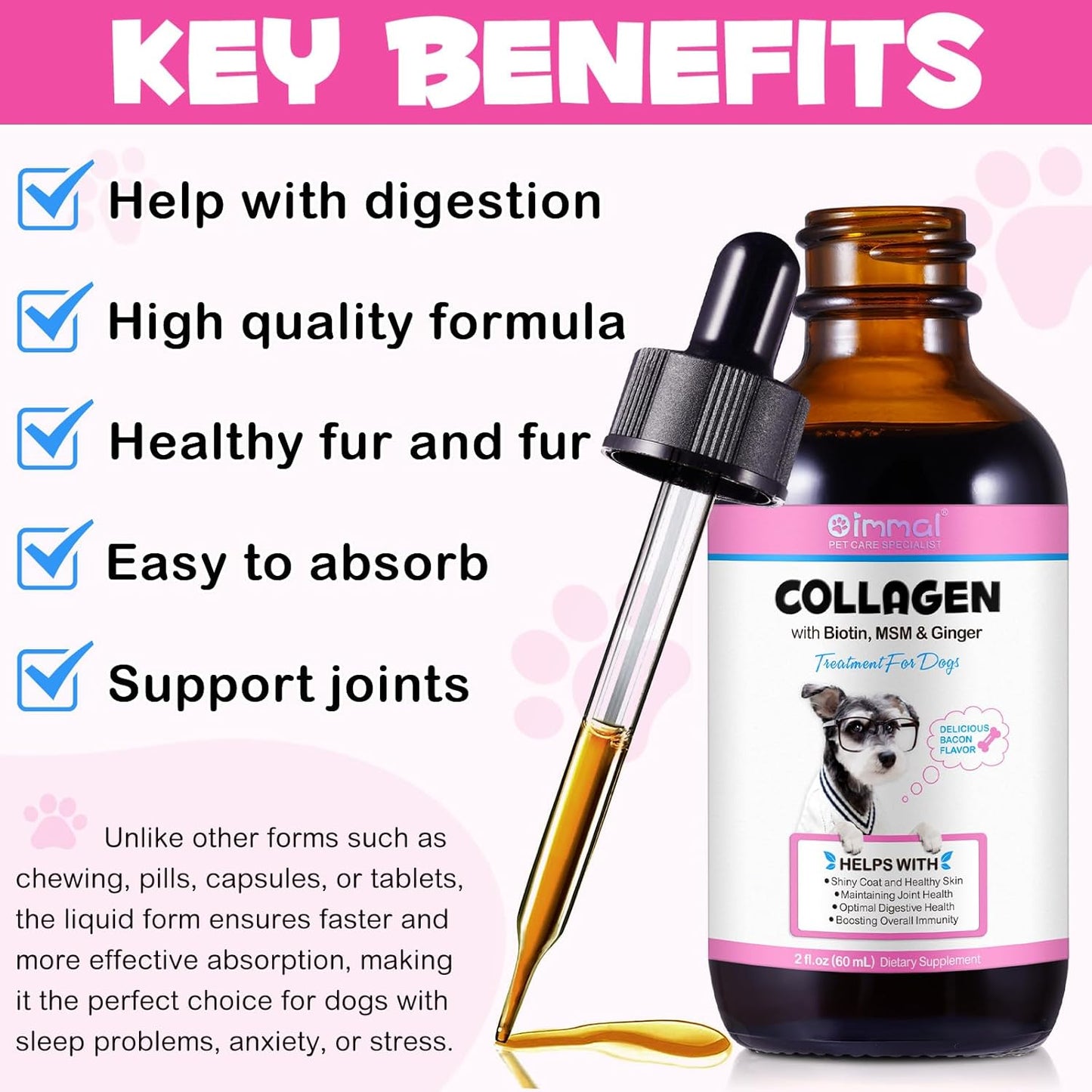 Oimmal Liquid Collagen Drops for Dogs, 60ml Dropper Bottle