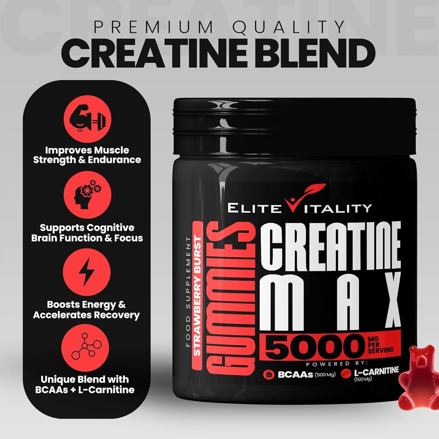 Elite Vitality - 90 Creatine Gummies, 5000mg Creatine Monohydrate + 500mg BCAAs + 500mg L-Carnitine