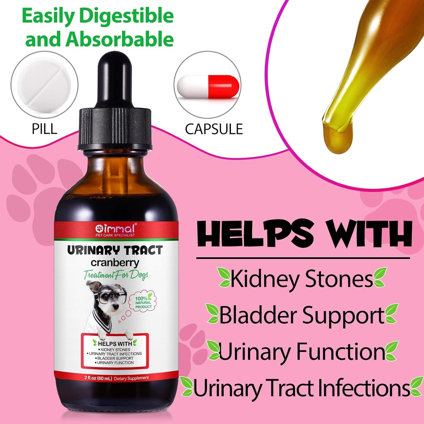 Oimmal Urinary Tract Support Drops for Dogs, 60ml Dropper Bottle