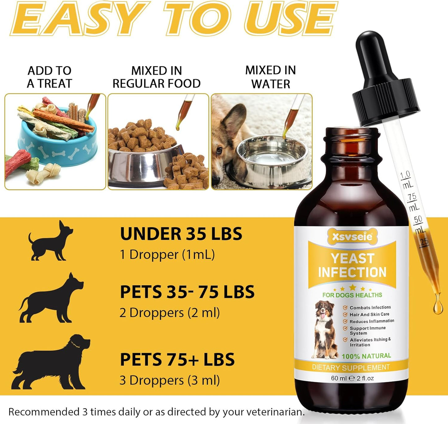 Xsvseie Yeast Infection Treatment Drops for Dogs, 60ml Dropper Bottle