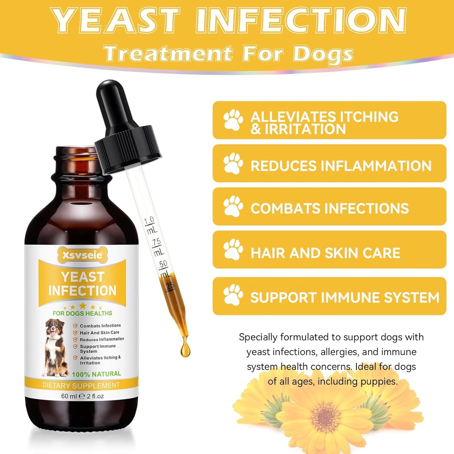 Xsvseie Yeast Infection Treatment Drops for Dogs, 60ml Dropper Bottle