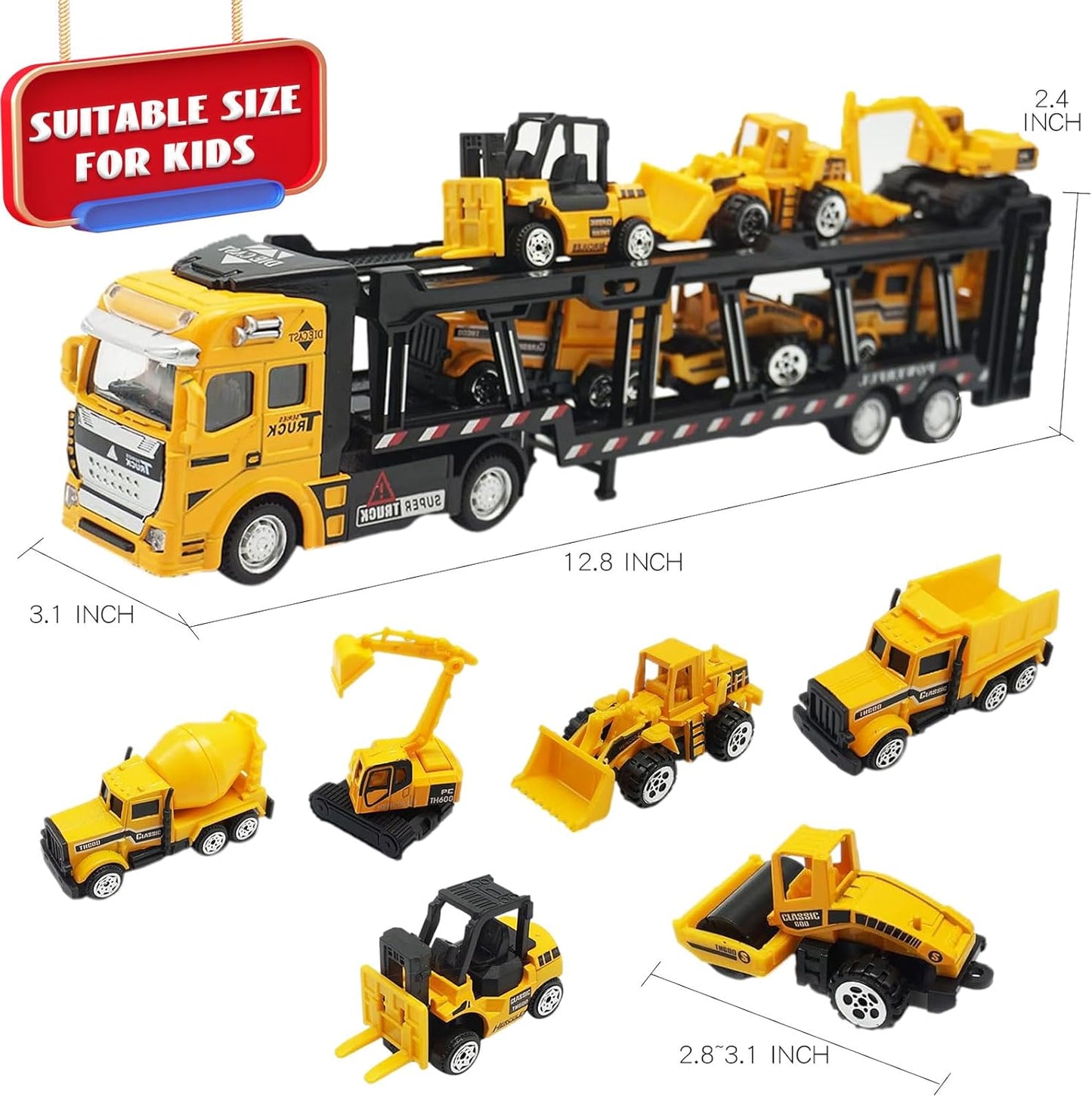 7-in-1 Construction Truck Vehicle Toy Set with Mini Excavator, Digger, Dumper, Tractor, Forklift