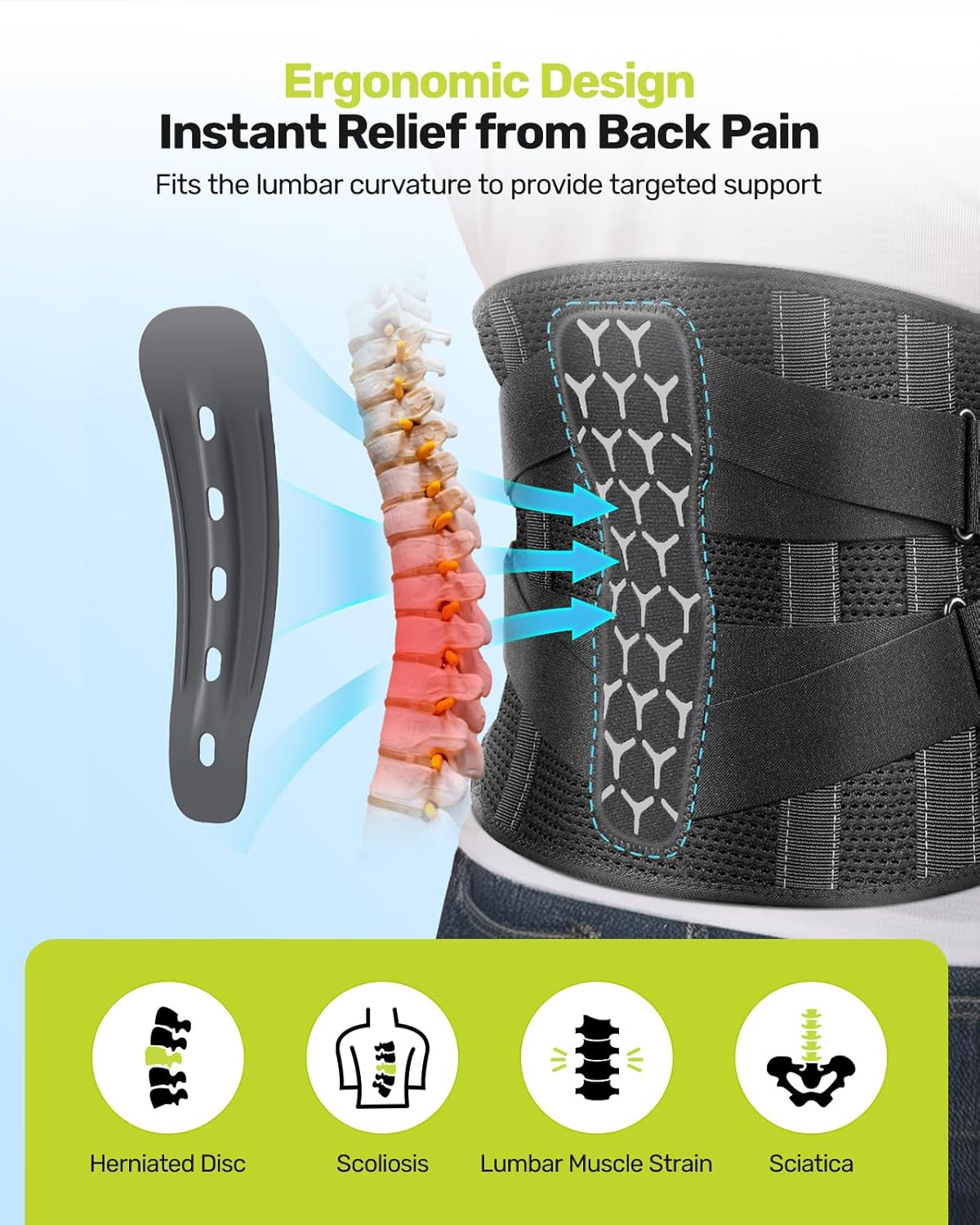 Rakiie Back Support Belt for Lower Back Pain Relief with 7 Stays, Adjustable, XXL