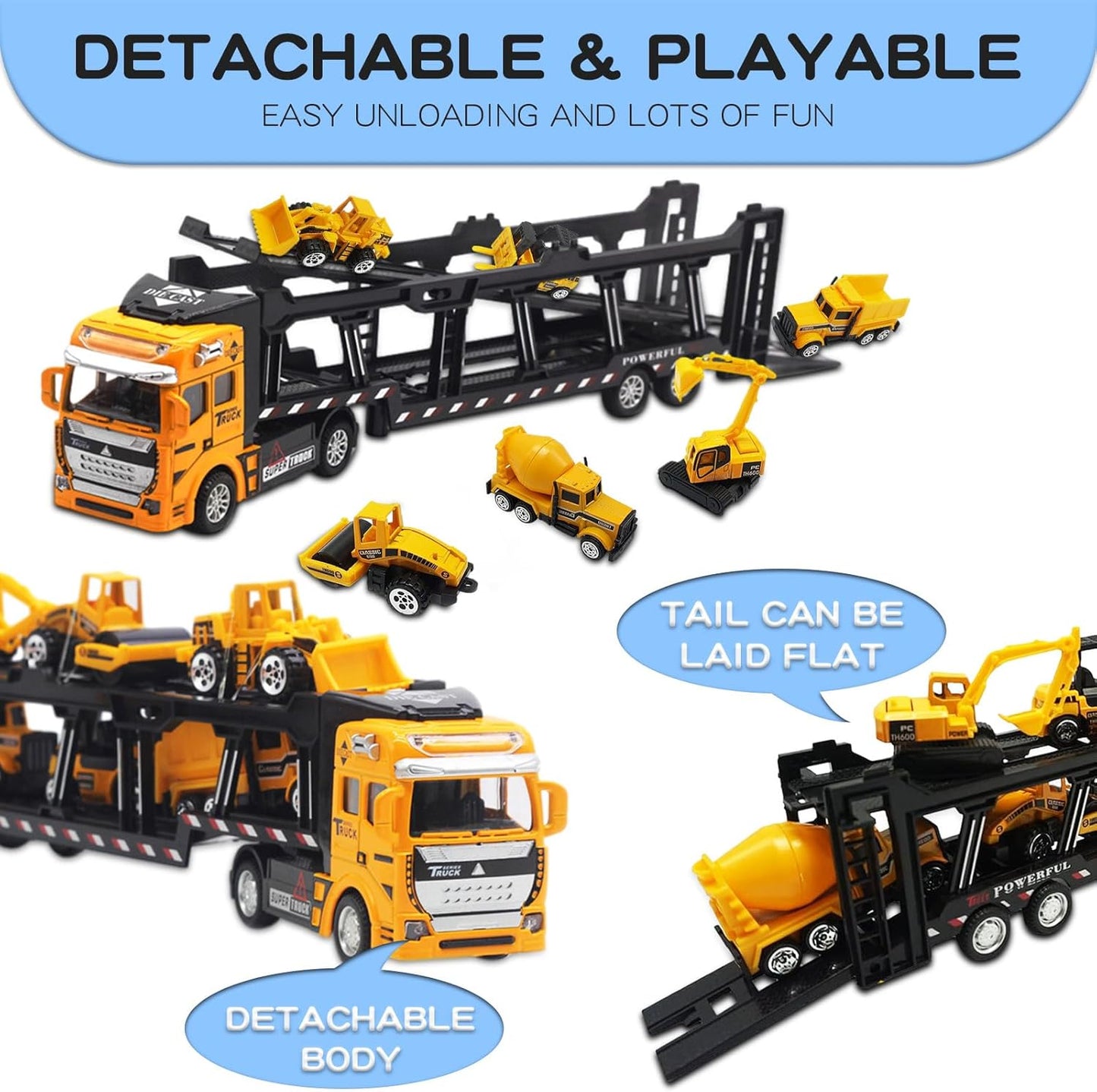 7-in-1 Construction Truck Vehicle Toy Set with Mini Excavator, Digger, Dumper, Tractor, Forklift