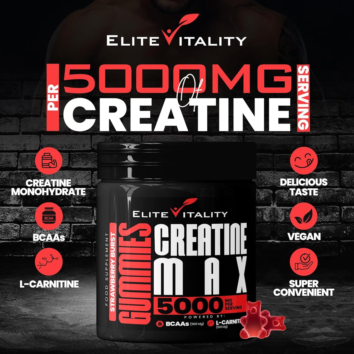 Elite Vitality - 90 Creatine Gummies, 5000mg Creatine Monohydrate + 500mg BCAAs + 500mg L-Carnitine