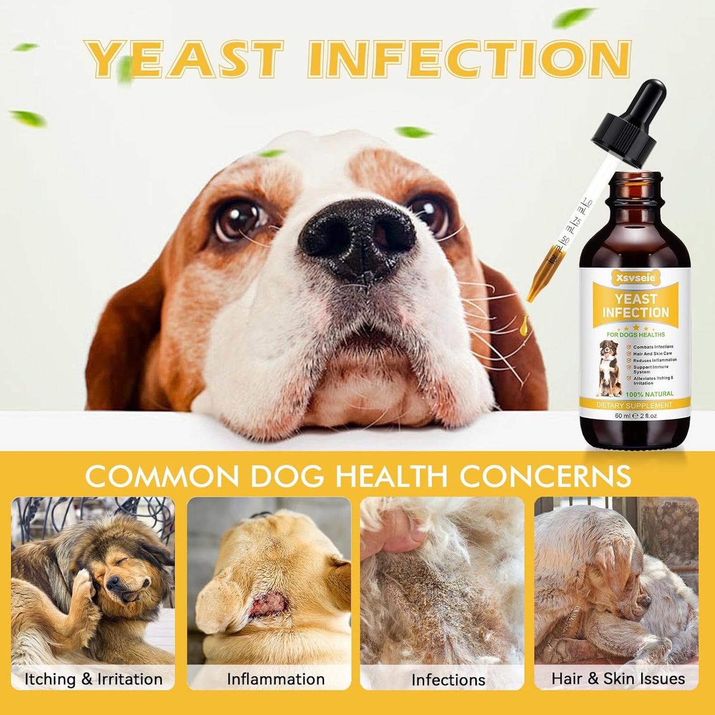 Xsvseie Yeast Infection Treatment Drops for Dogs, 60ml Dropper Bottle