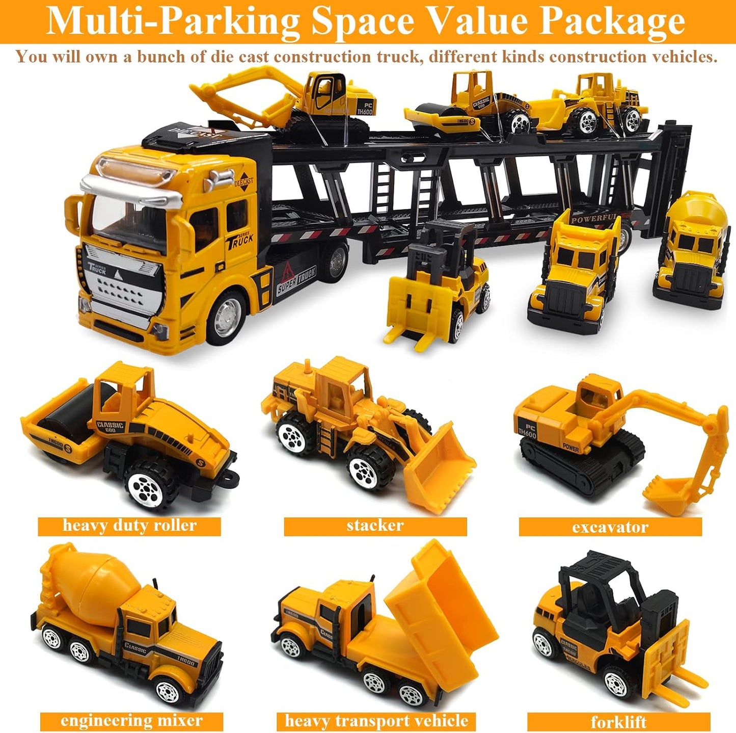 7-in-1 Construction Truck Vehicle Toy Set with Mini Excavator, Digger, Dumper, Tractor, Forklift