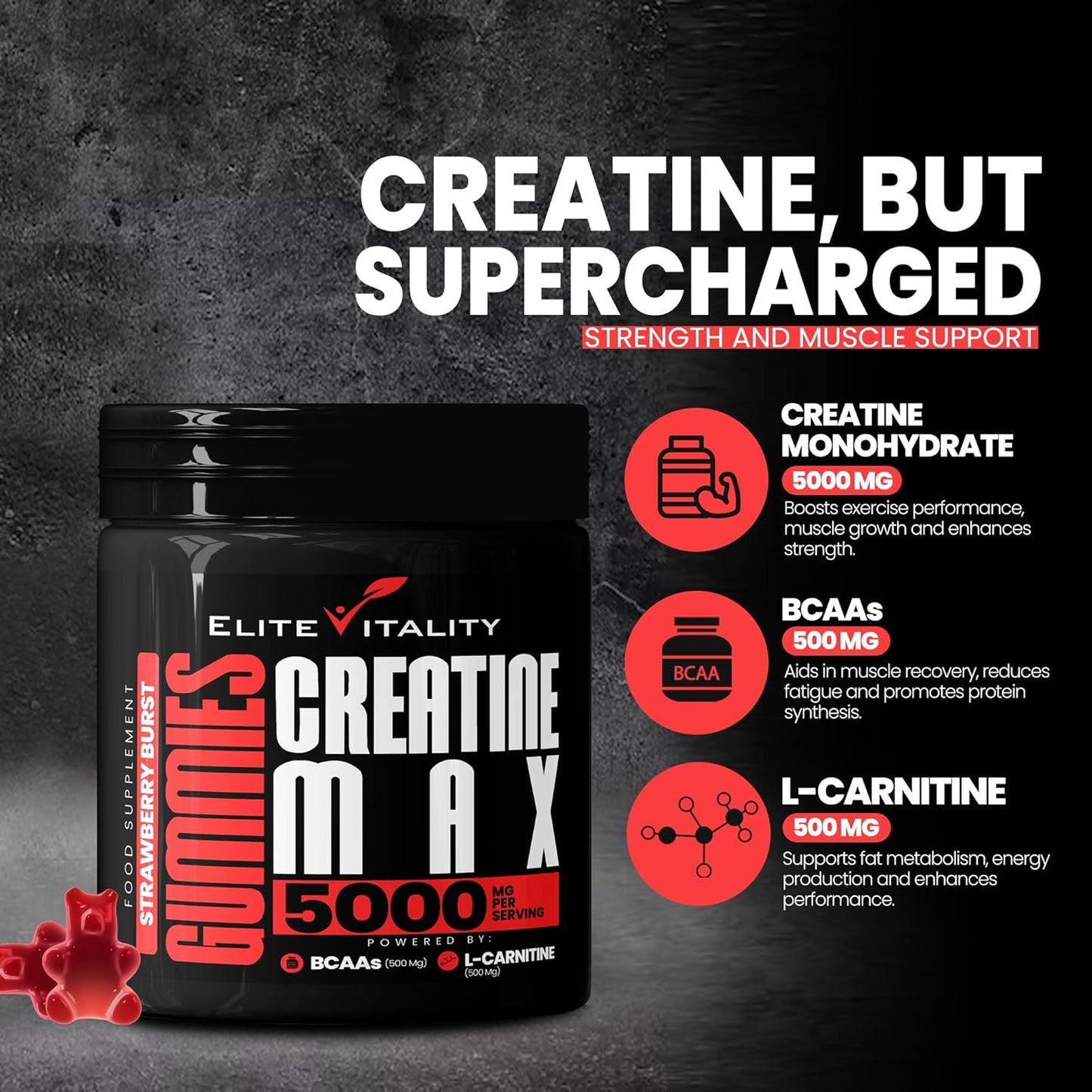 Elite Vitality - 90 Creatine Gummies, 5000mg Creatine Monohydrate + 500mg BCAAs + 500mg L-Carnitine