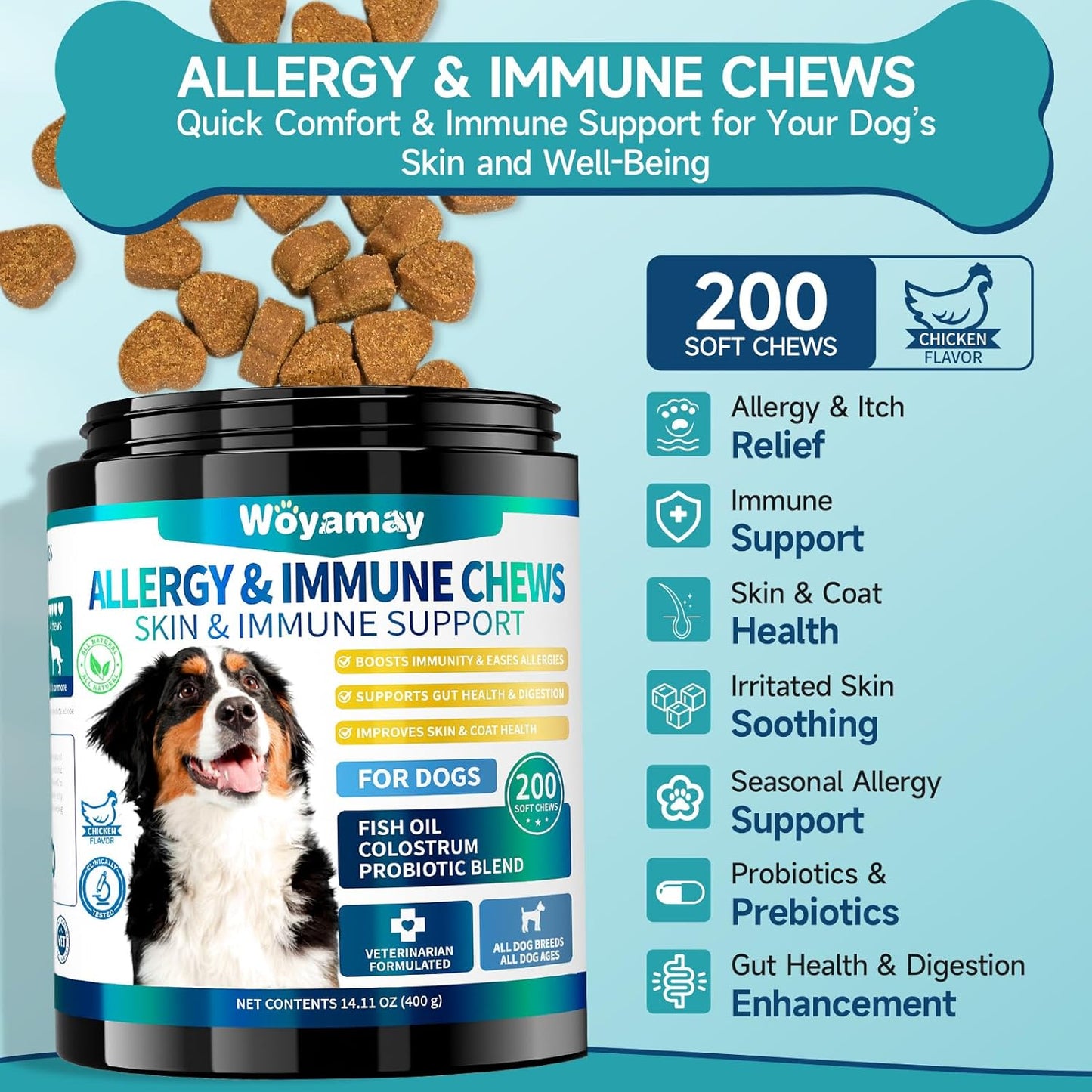 Woyamay Itch & Allergy Immunity Treats for Dogs, 200 Soft Chews