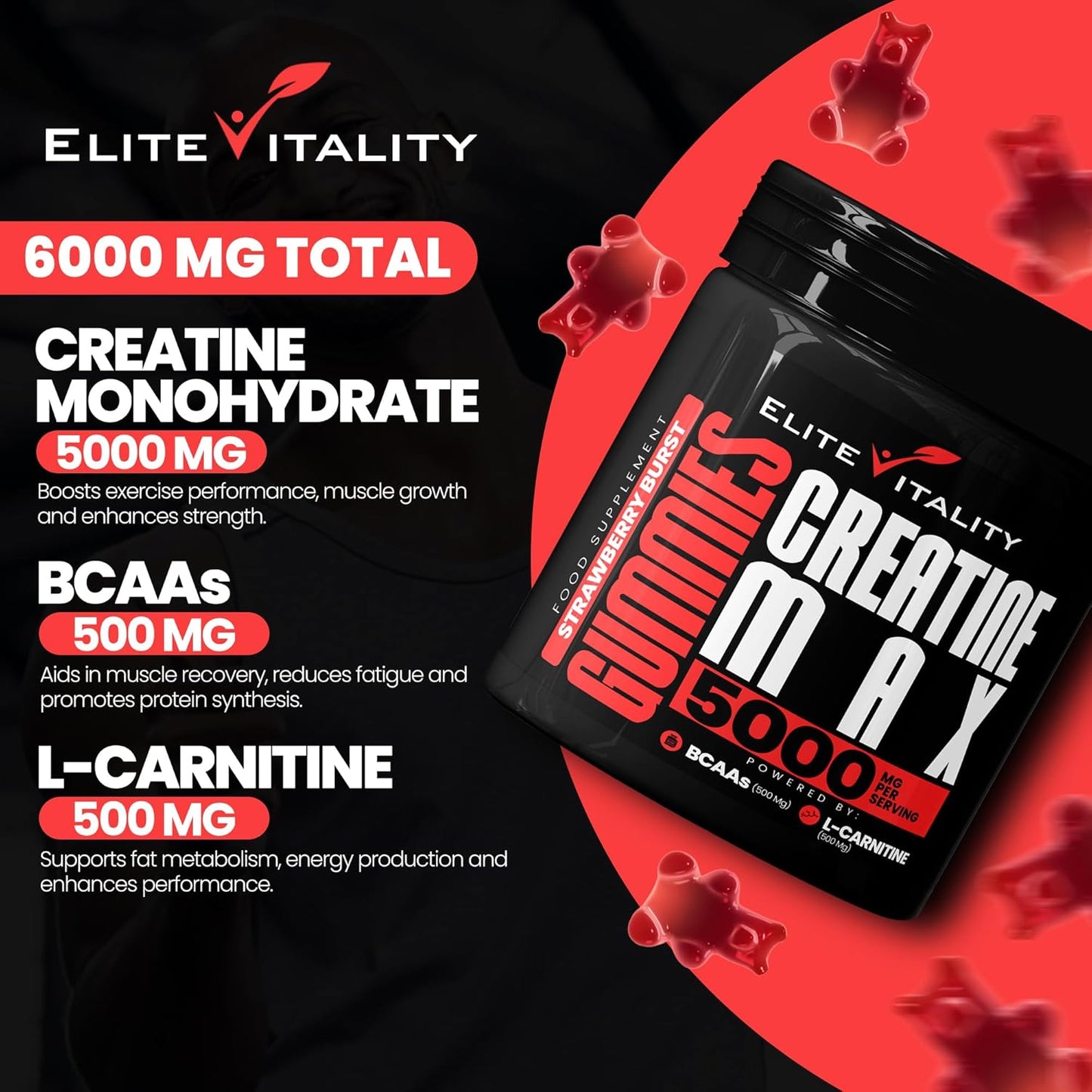 Elite Vitality - 90 Creatine Gummies, 5000mg Creatine Monohydrate + 500mg BCAAs + 500mg L-Carnitine