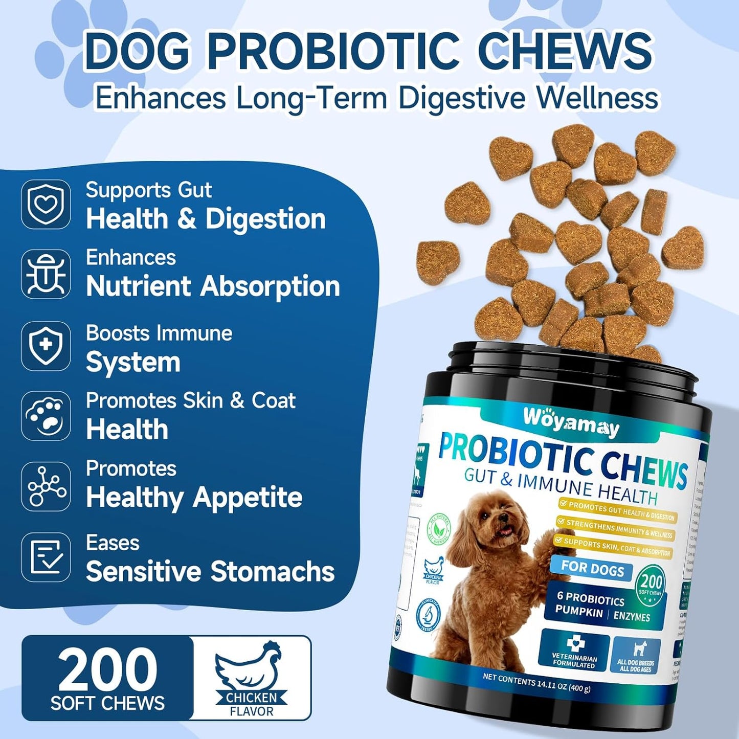 Woyamay Probiotic Treats for Dogs, 200 Soft Chews