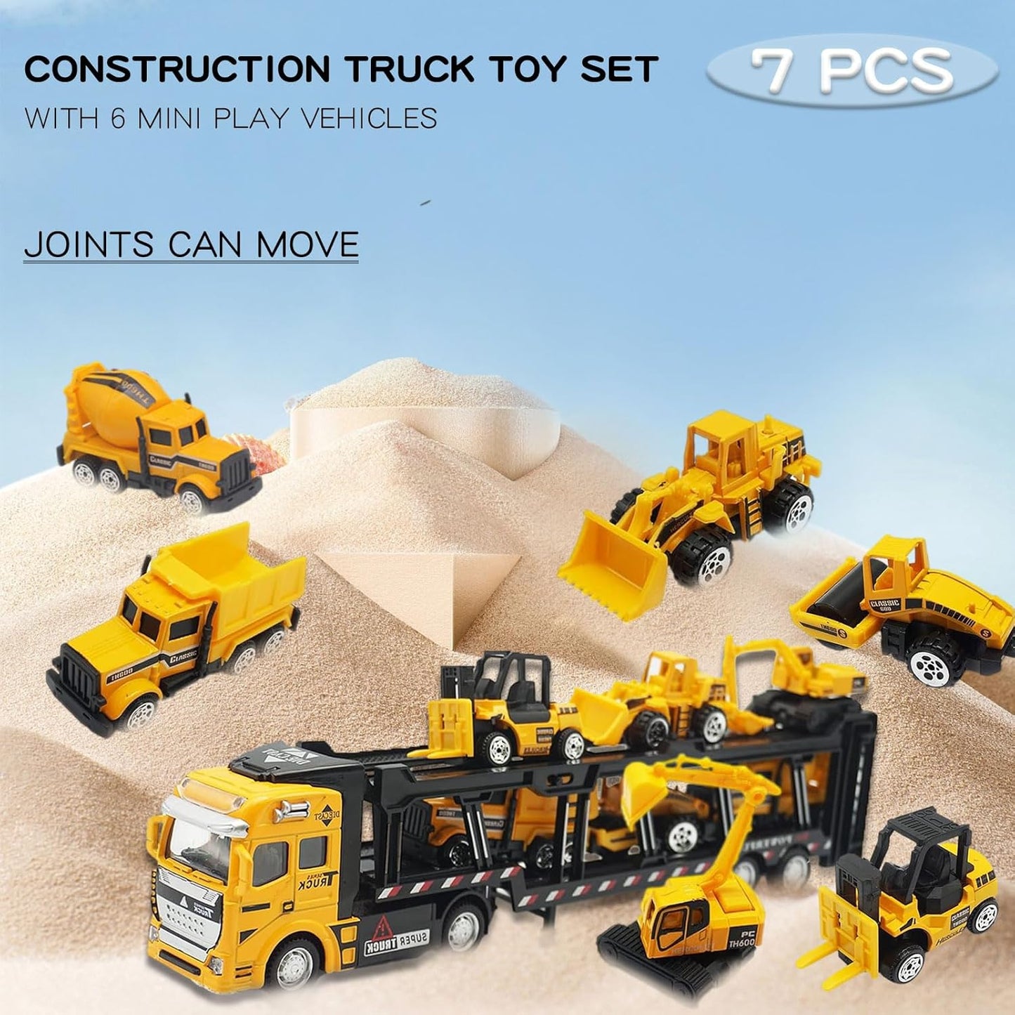 7-in-1 Construction Truck Vehicle Toy Set with Mini Excavator, Digger, Dumper, Tractor, Forklift