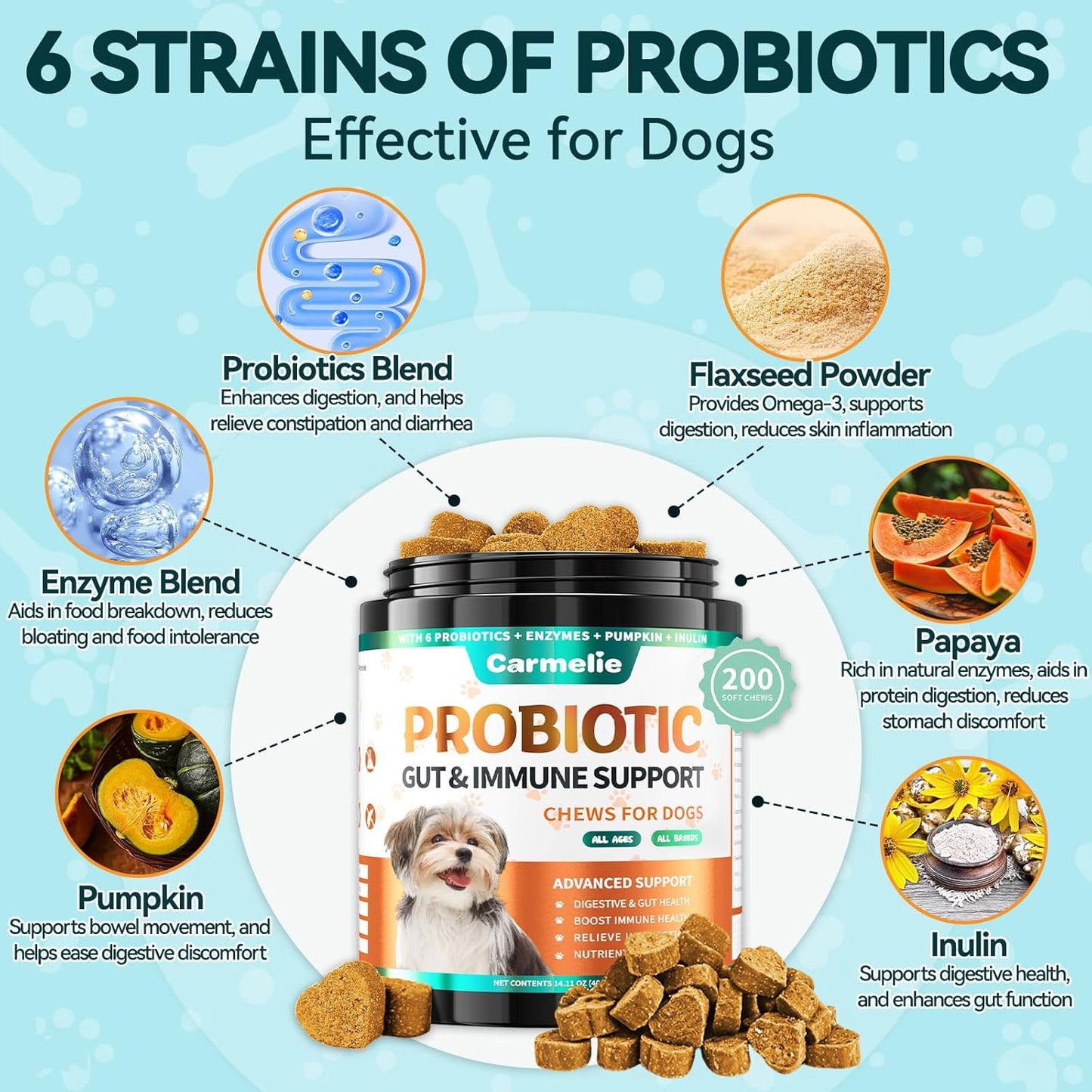 Carmelie Probiotics for Dogs, 200 Soft Chews