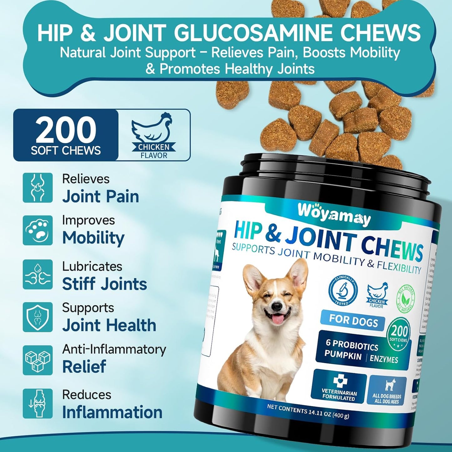 Woyamay Hip and Joint Supplements for Dogs, 200 Soft Chews