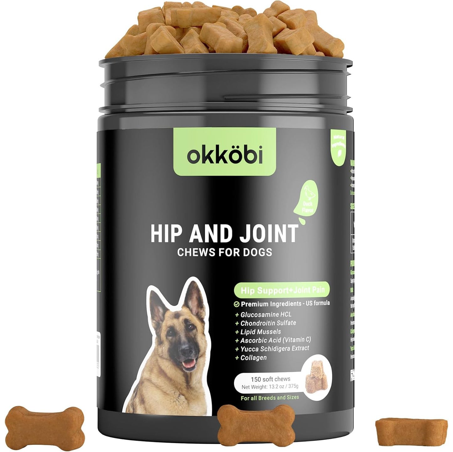 OKKÖBI Hip and Joint Chews for Dogs, 150 Soft Chews