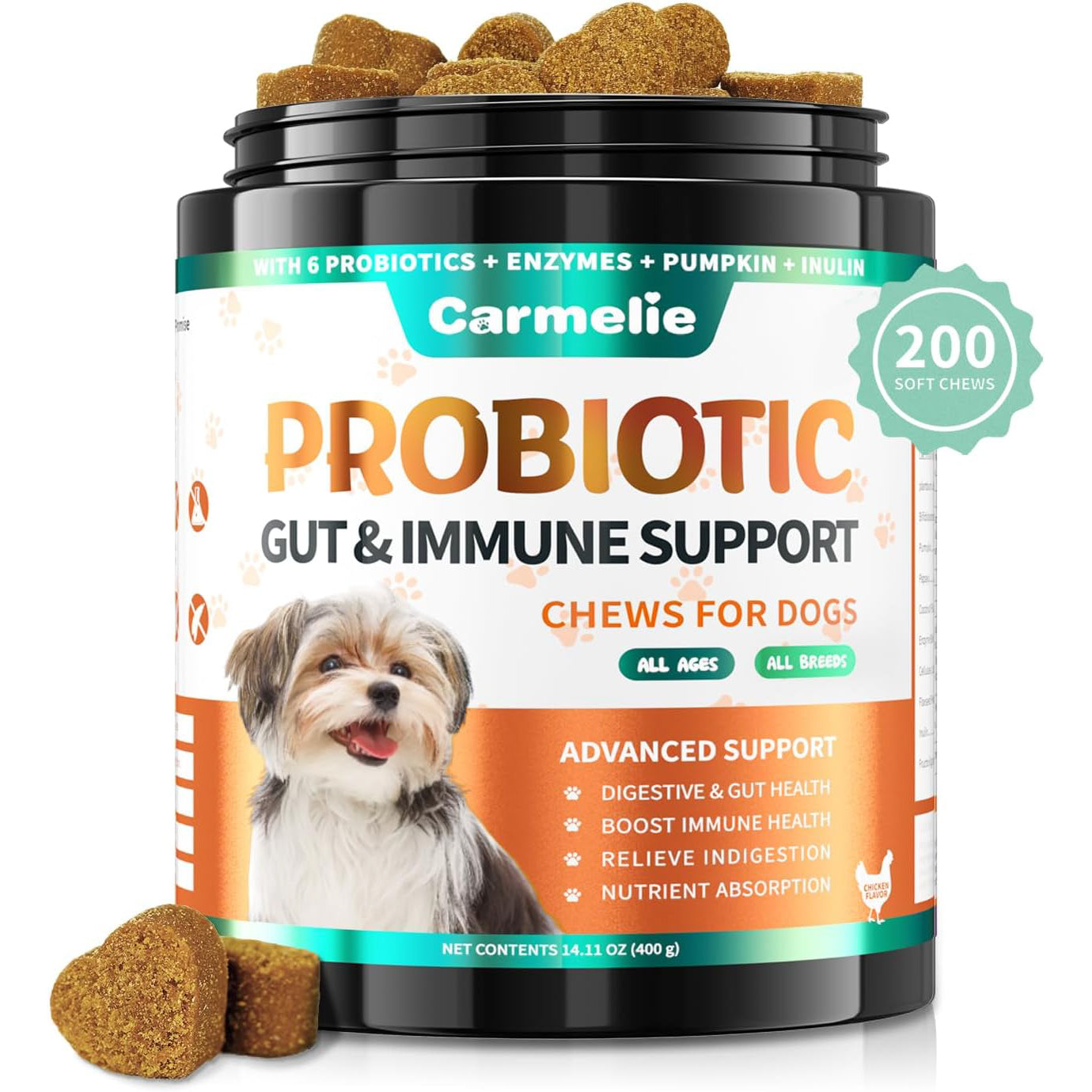 Carmelie Probiotics for Dogs, 200 Soft Chews