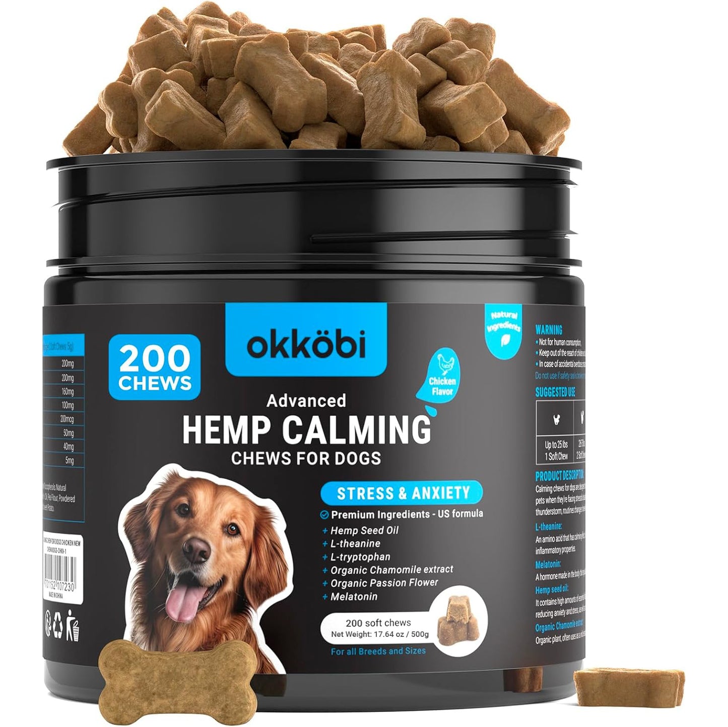 OKKÖBI Hemp Calming Chews For Dogs, 200 Soft Chews