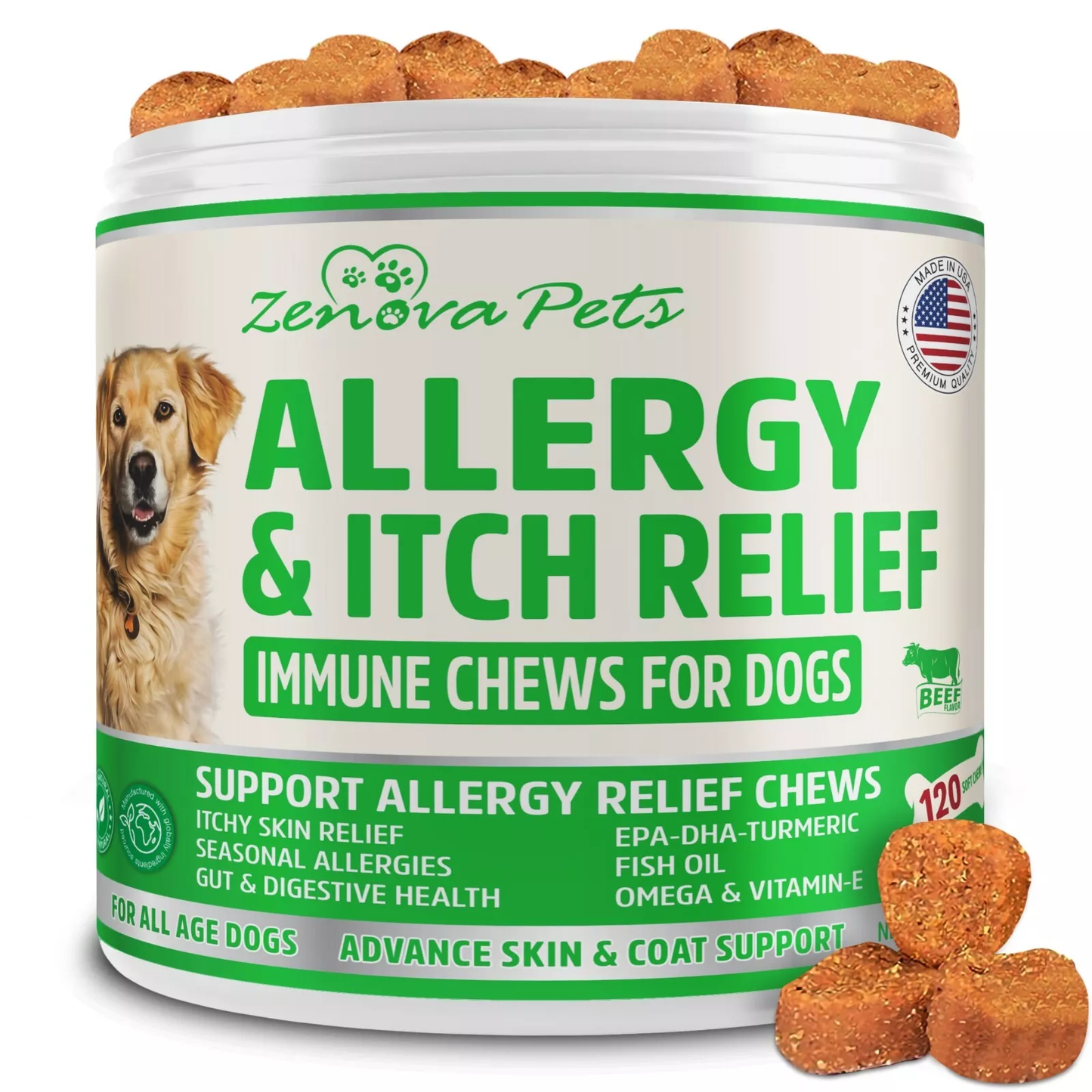 Zenova Pets Allergy Immune Chews for Dogs, 120 Soft Chews